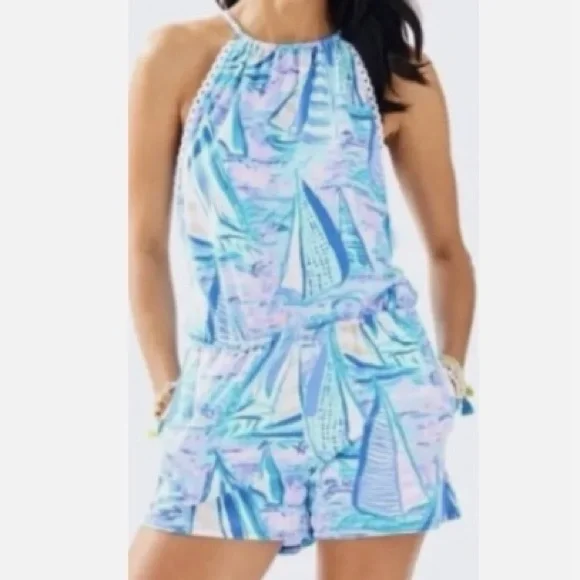 🌴 Lilly Pulitzer Gianni Romper NWT size S lilac Aboat Time - Picture 2 of 4